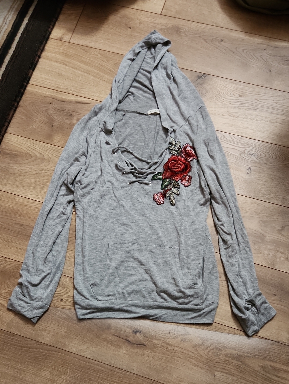 Occasion Gray Lace-Up Hoodie with Red Rose Embroidery
